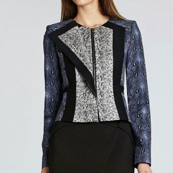 BCBGMaxAzria Edward Black/Blue/White Snake Print Zip Front Blazer Sz M - Picture 11 of 11